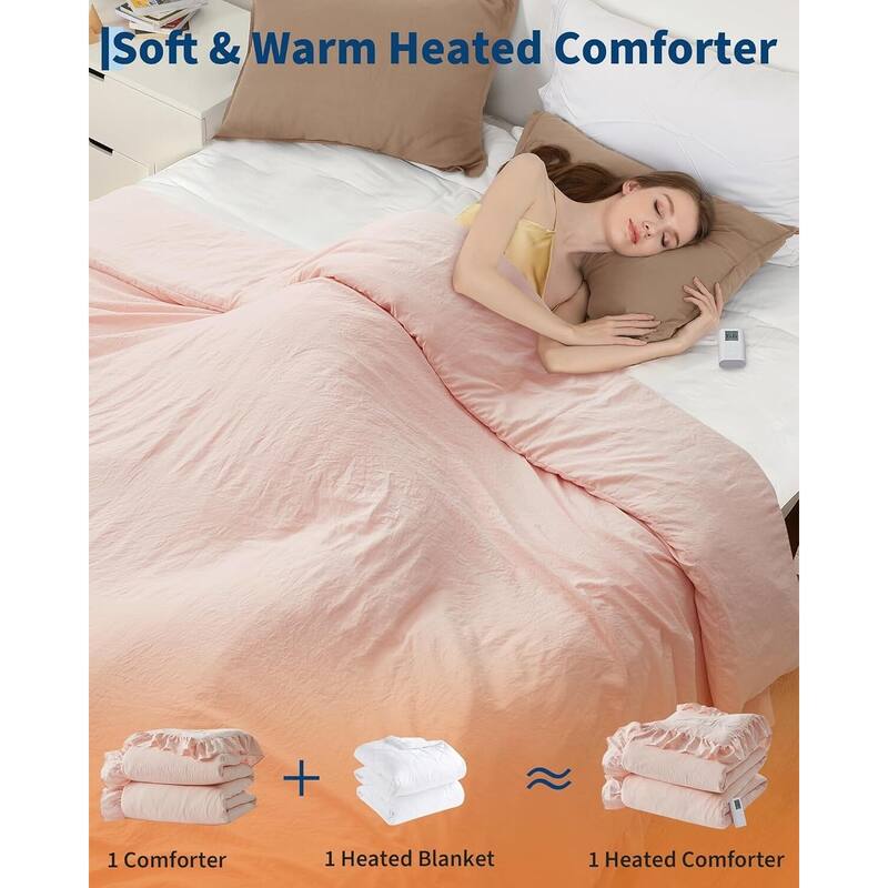 90"x90" Heated Comforter Blanket, Ruffle Electric Quilt Fast Heating Queen Size, Pink
