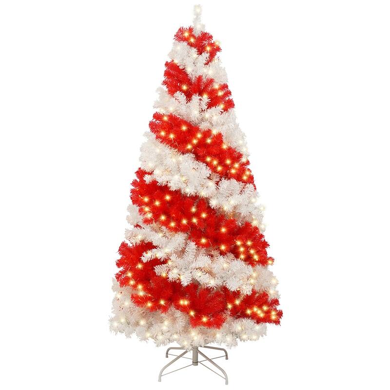 6ft Artificial Christmas Tree with 300 LED Lights and 900 Bendable Branches, Candy Cane Christmas Tree Holiday Decoration