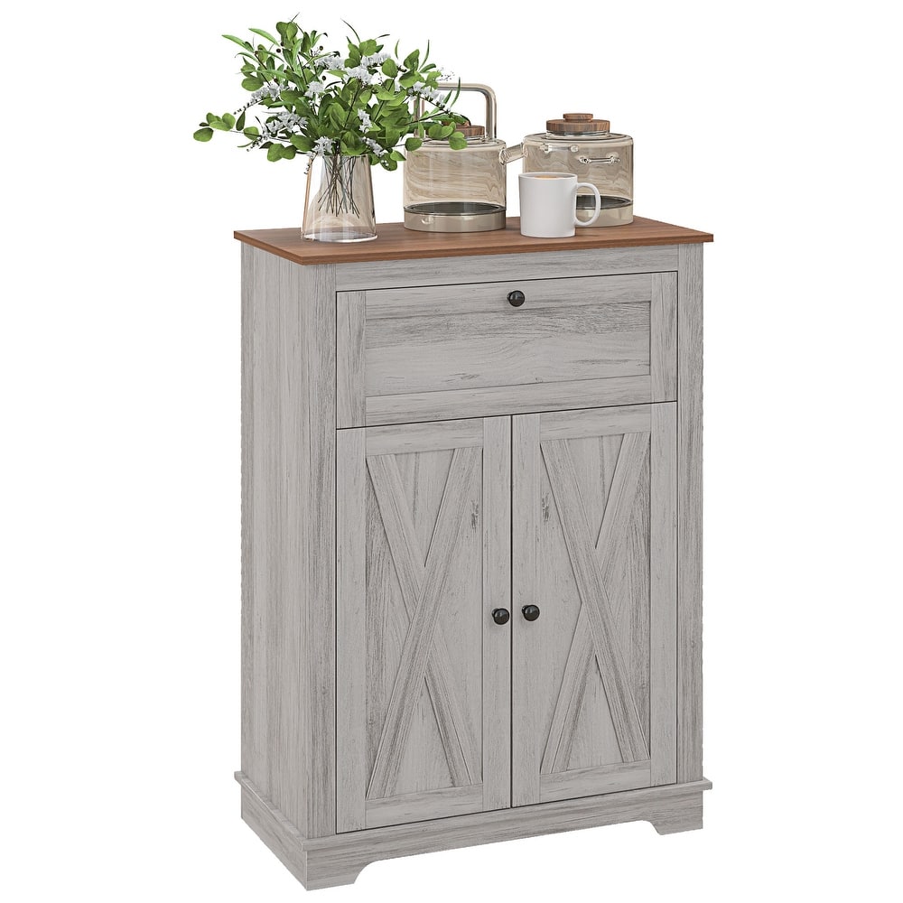 Farmhouse Barn Door Accent Cabinet, Kitchen Sideboard Storage Cabinet with Double Doors, Drawer, and Adjustable Shelf