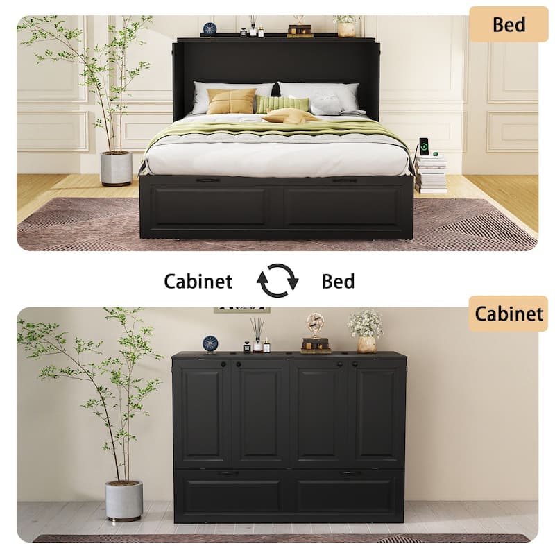 Murphy Bed Cabinet with Charging Port and Storage Drawer, White