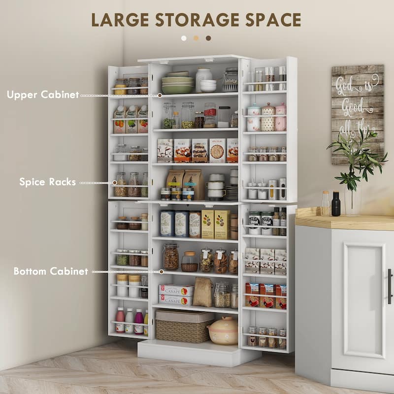 65" Kitchen Pantry Cabinet, Modern Storage Cabinet with Doors and Shelves, Freestanding Cupboard for Dining Room, White