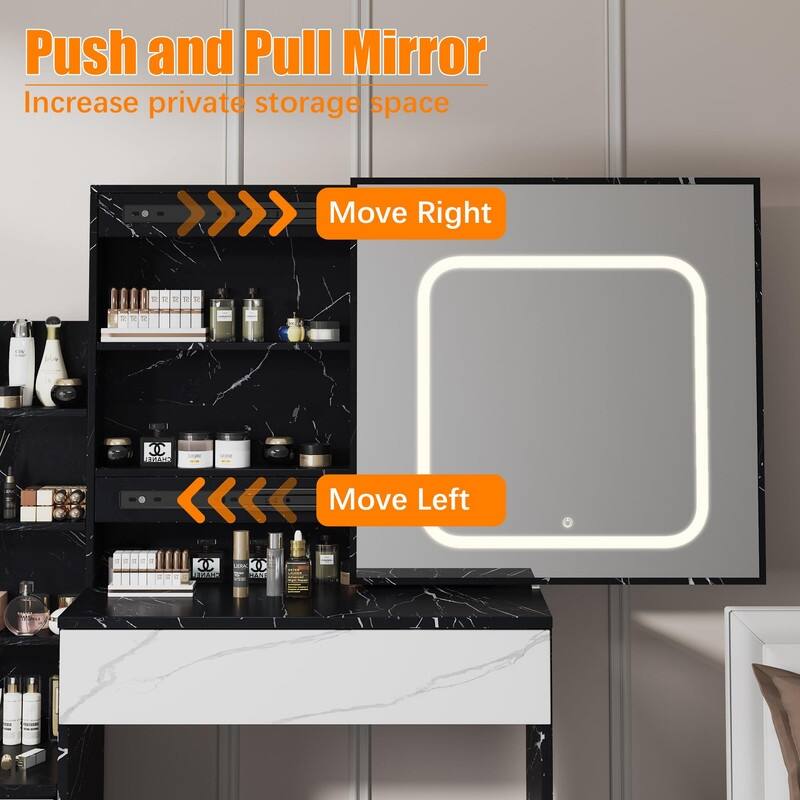 Vanity Desk with Sliding Mirror, Charging Station, 4 Drawers, Shelves, Stool