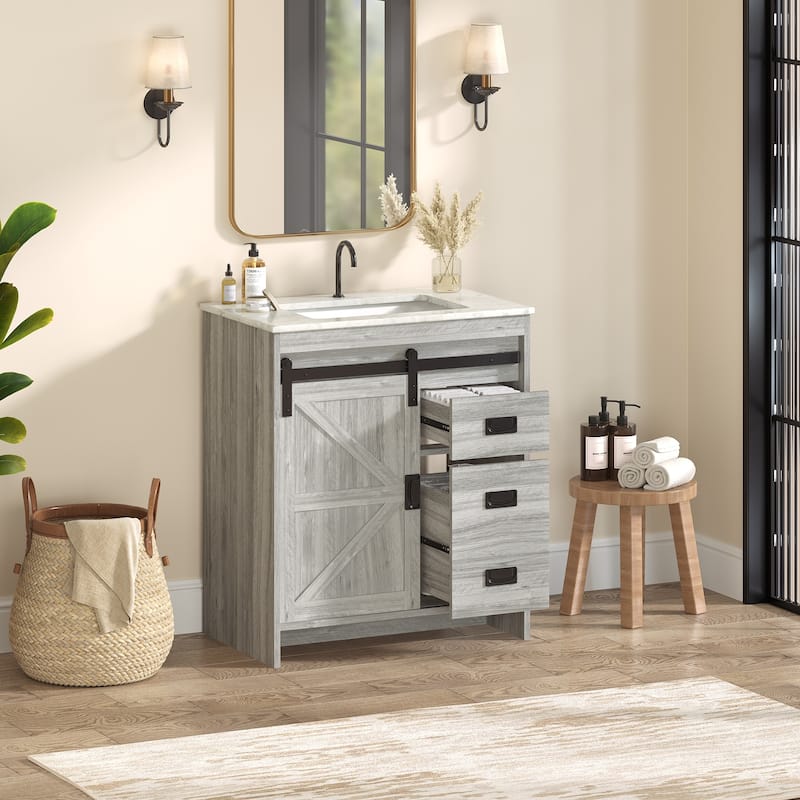 EROMMY Farmhouse Bathroom Vanity with Ceramic Top and Sliding Barn Door Sink Cabinet, Rustic Single Sink Vanity