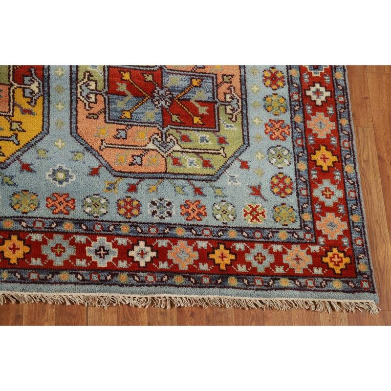Geometric Blue Khotan Indian Area Rug Handmade Wool Carpet - 7'11"x 9'10"