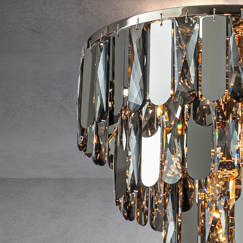 CraftHome Dimmable Smoked Crystal Flush Mount Ceiling Light Chandelier with Polished Nickel Finish and Stainless Steel Accents