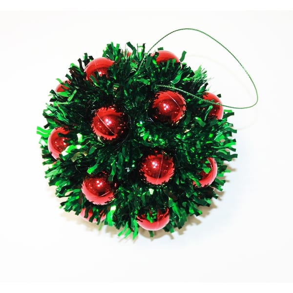slide 2 of 2, 5" Hanging Tinsel Berry Christmas Metalic Ball Ornament, Red/Green, Set of 2 - 5