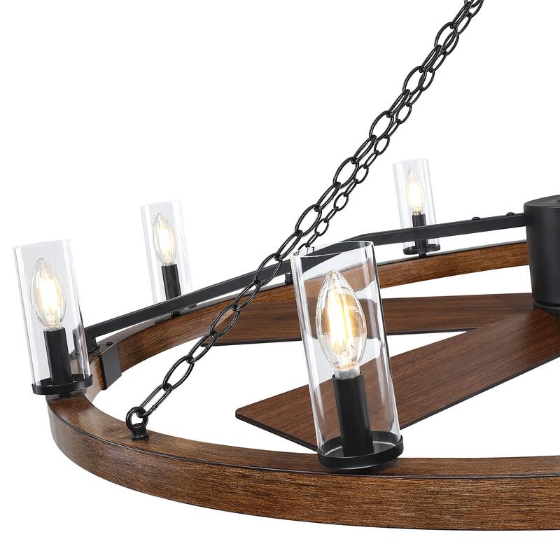 52" Farmhouse Black Wagon Wheel Caged Chandelier Ceiling Fan with Light and Remote