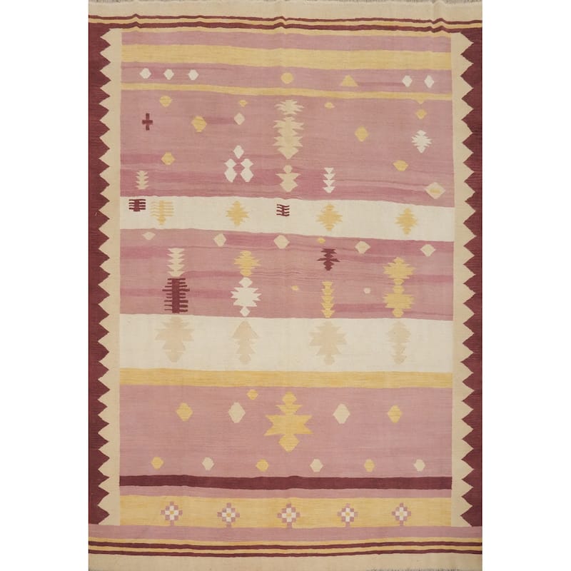 Hand Woven Oriental 100% Wool Carpet Southwestern Tribal Pink Kilim Area Rug - 9' 6'' X 8' 3''