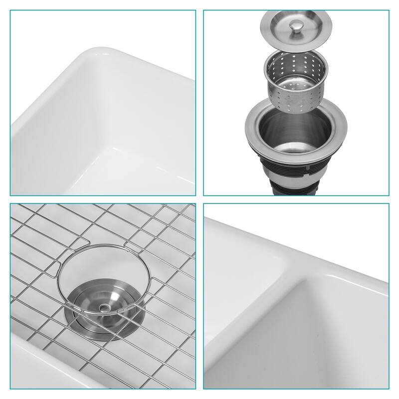 33'' Farmhouse Ceramic Double Bowl Kitchen Sink in White - 33'' x 18'' x 10''