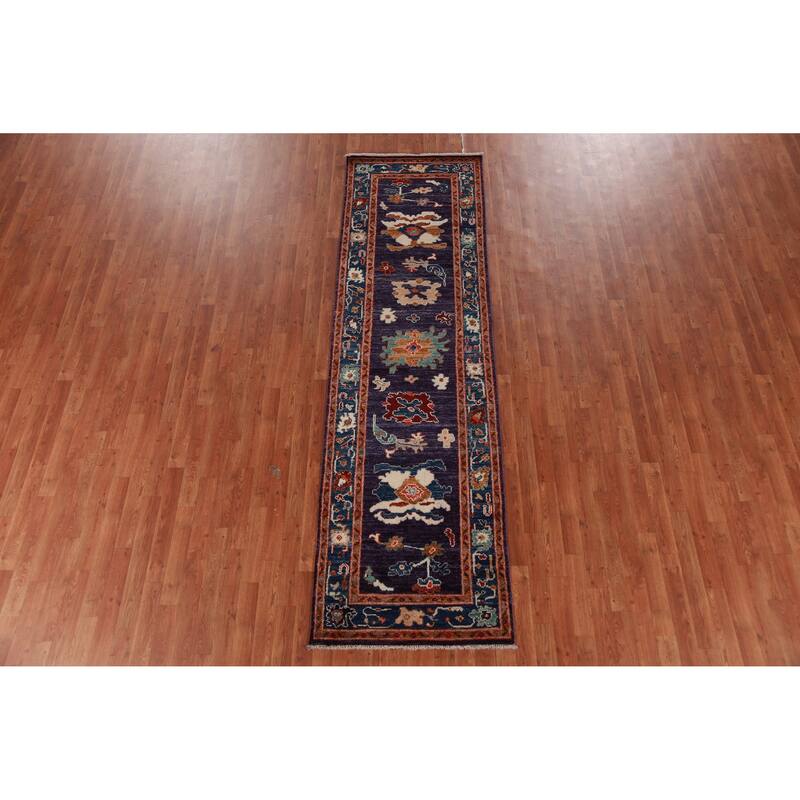 Hand Knotted Oriental 100% Wool Carpet Transitional All-Over Purples Oushak Runner Rug - 9' 11'' X 2' 10''