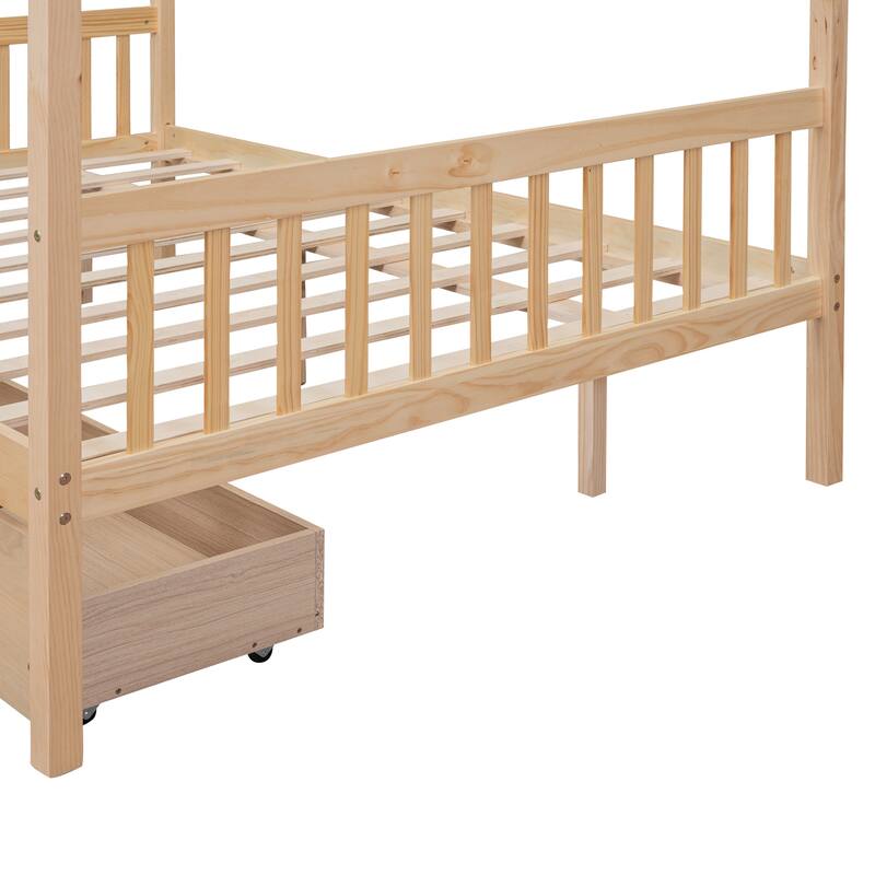 Wooden Twin/Full Size House Bed with 2 Drawers, Solid Pinewood Creativity House Shaped Sofa Bed Frame with Roof Design
