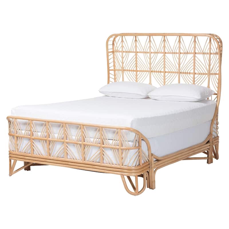 Hadley Natural Rattan Bed Frame with Openwork Geometry Headboard and Footboard, Tropical Coastal Boho Furniture, Queen - Natural