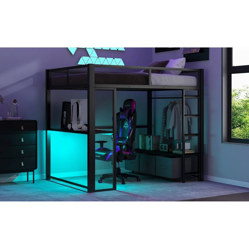 White Full Size Metal Loft Bed with Desk, LED Lighting, Storage Drawers, and Wardrobe for Gaming