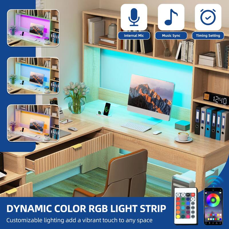 Moasis L Shaped Computer Desk with Hutch and Drawers Home Office Desk w/LED Light and Power Outlets