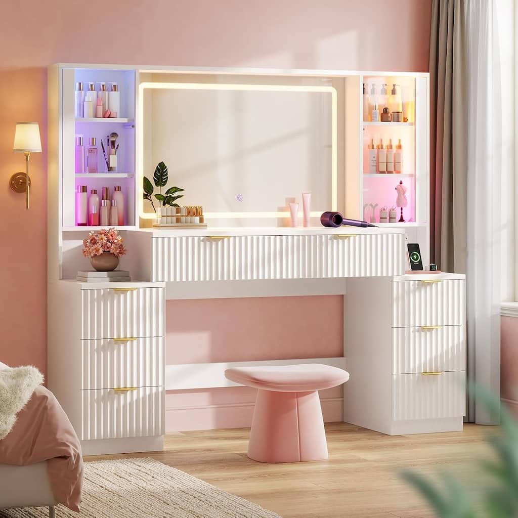 Makeup Vanity Desk Mirror LED Lights Charging Station RGB Lights Drawers Cabinet
