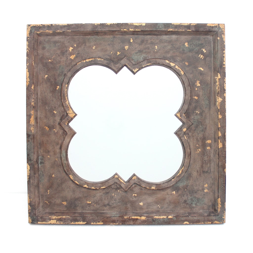 Quatrefoil Pattern Wood Mirror with Distressed Finish, Silver and Brown - clear