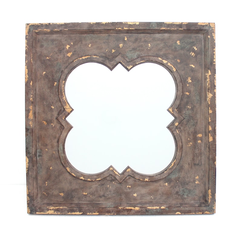 Quatrefoil Pattern Wood Mirror with Distressed Finish, Silver and Brown - clear