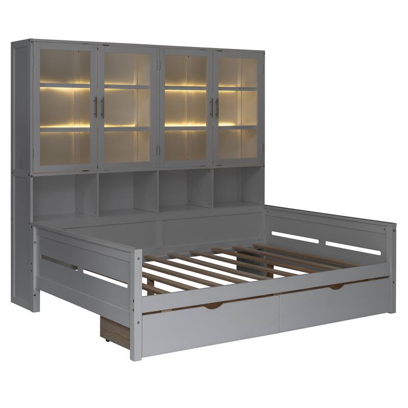 Bookcase Daybed with Storage Cabinets Wooden Captains Bed Built-in LED Lighting