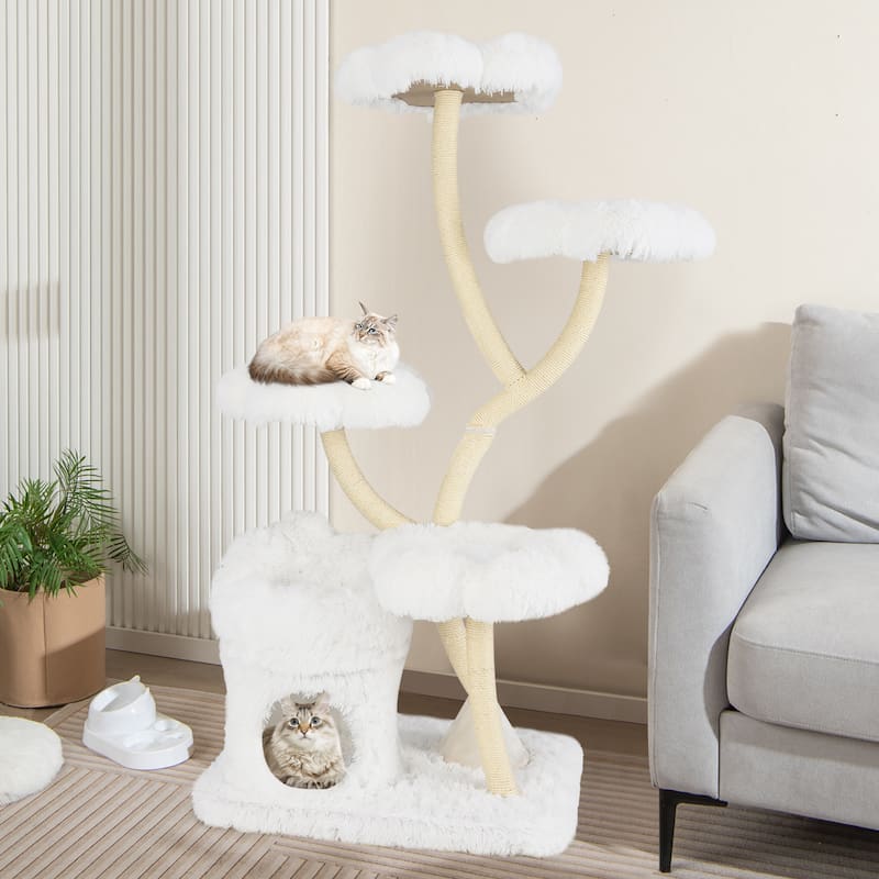 White Wood Plush Cat Tower with Condo, Sisal Posts and Flower Platforms - Overall Height: 65"
