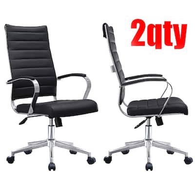 Set of Two (2) Modern Black High Back Office Chair Ribbed PU Leather Swivel Tilt Computer Desk Chair