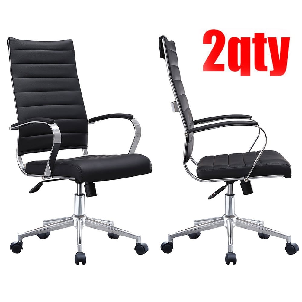 Set of Two (2) Modern Black High Back Office Chair Ribbed PU Leather Swivel Tilt Computer Desk Chair