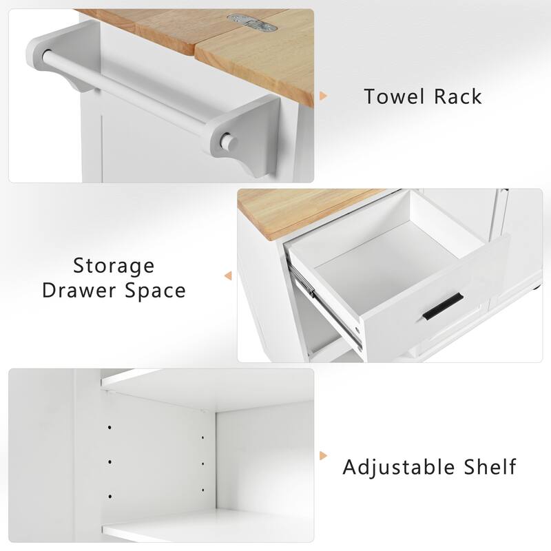 Kitchen Island With Foldable Countertop Slide-Out Shelves Towel Rack and Drawer, for Kitchen, Living Room Dining Room, White