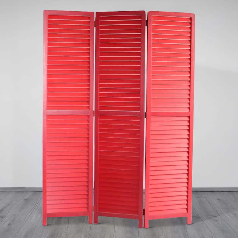 Transitional Wooden Screen with 3 Panels and Shutter Design, Red