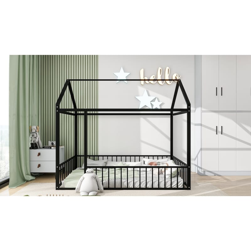 Black Twin Size Metal House Bed Frame with Fence and Roof for Kids, Teens, Girls, Boys