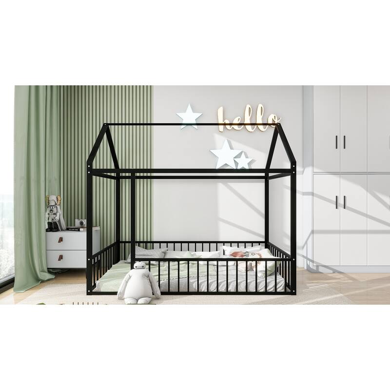 Metal Bed House Bed Frame with Fence - Black  Twin - Twin