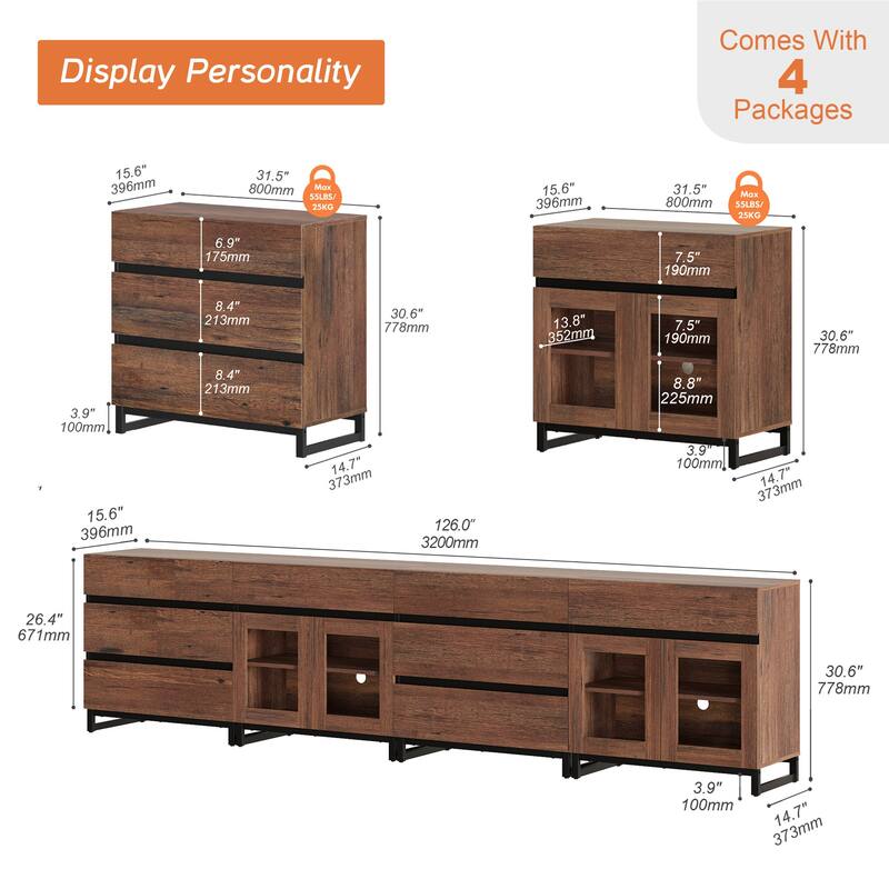 4-in-1 Multifunctional Sideboard Buffet with 8 Drawers & Glass Doors, Modern Credenza with Adjustable Shelf & Metal Base.