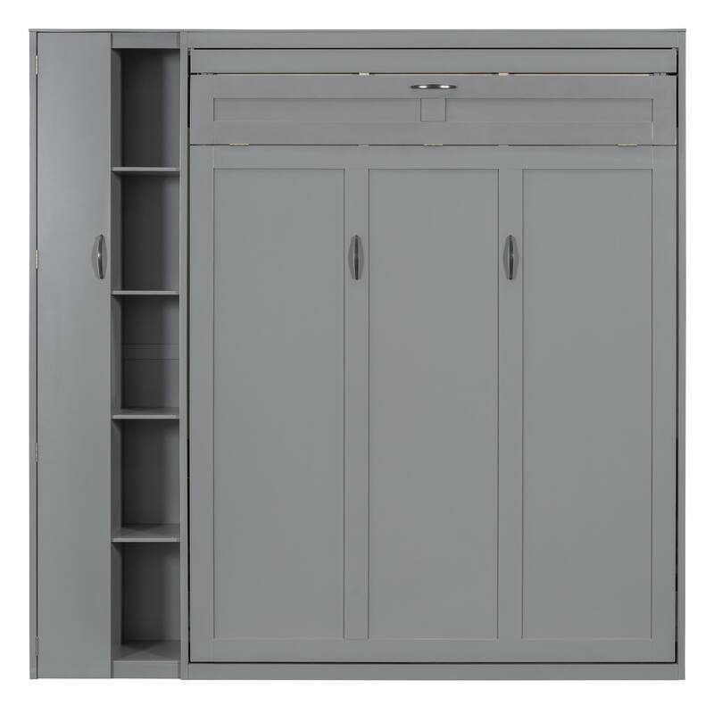 Full/Queen Size Murphy Bed Wall Bed with Small Wardrobe and LED Lights, Foldable Murphy Cabinet Bed with Storage Shelves