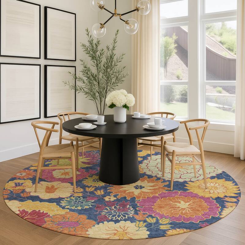 Machine Washable Indoor/ Outdoor Modern Floral Chantille Rug