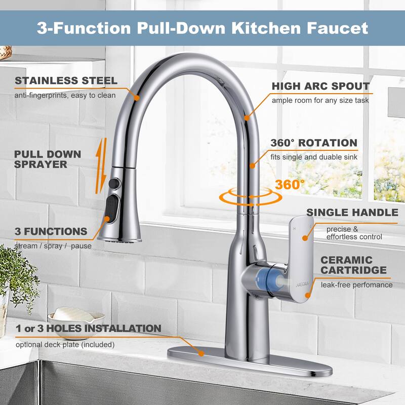 WOWOW 3-Functions Single-Handle Pull Down Sprayer Kitchen Faucet