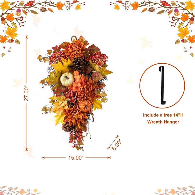 Glitzhome 27"H Fall Dahlia Pumpkin Leaf & Berry Swag Wreath with Hanger