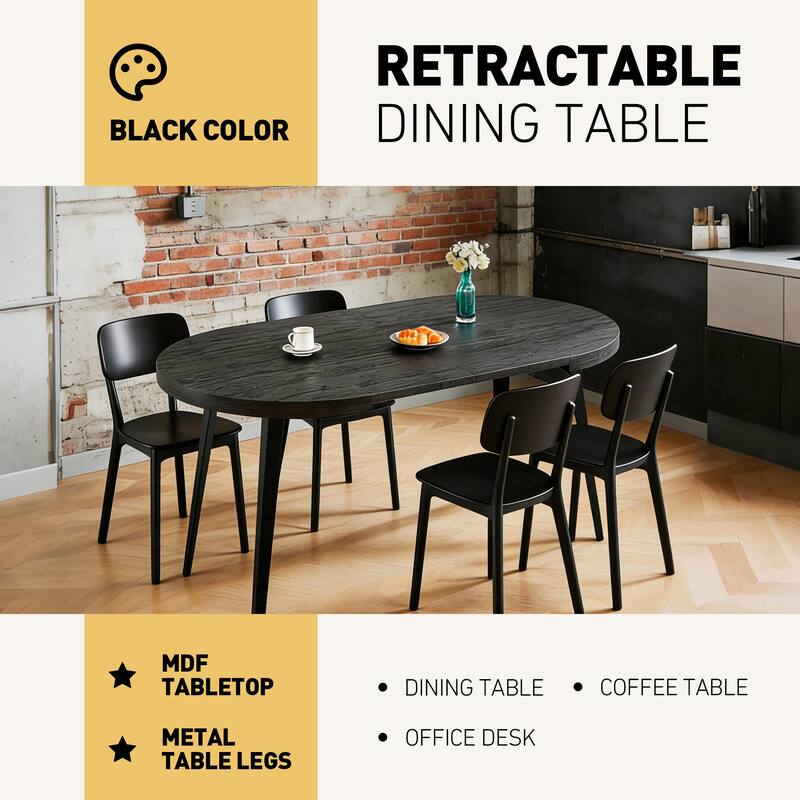 Modern Extensible Oval Dining Table 4-6 Person, Kitchen Table with MDF Top & Metal Legs for Dining Room, Living Room - Black