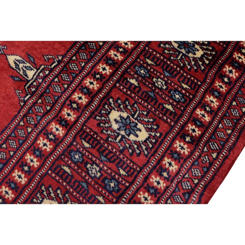 Tribal Bokhara Underwood Red/Blue Hand Knotted Wool Rug - 4'1'' x 6'1''