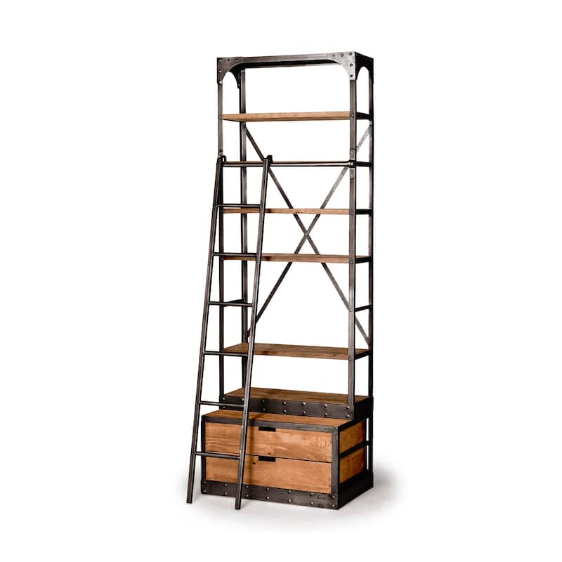 Brodie I Medium Brown Solid Wood w/ Bronze Iron Frame & Ladder Shelving Unit - 32.0L x 22.0W x 94.0H