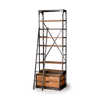 Brodie I Medium Brown Solid Wood w/ Bronze Iron Frame & Ladder Shelving Unit - 32.0L x 22.0W x 94.0H