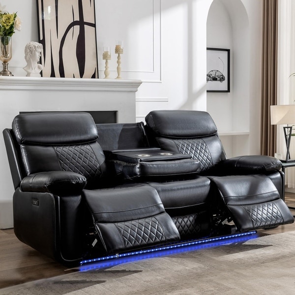 Power Reclining Sofa with Wireless Charger Reading Light LED Light for Living Room Faux Leather AC USB Port Cup Holder Black On Sale Bed Bath Beyond 40373659