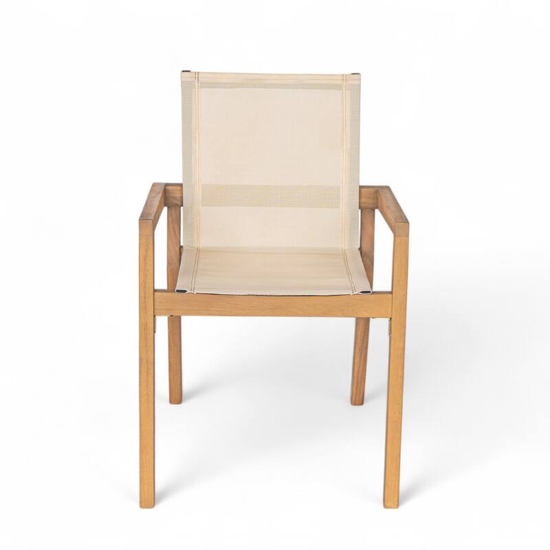 Roomfitters Set of 2 Outdoor Dining Chairs, Acacia Wood Teak Finish Frame with Breathable Mesh Seating, Beige