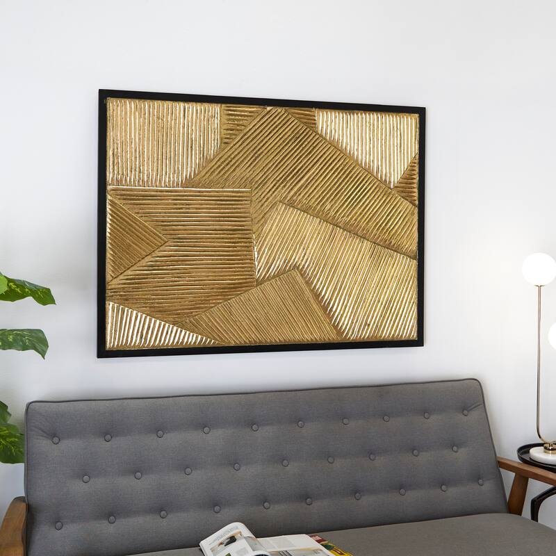 Wood Carved Radial Geometric Wall Decor with Black Frame - Silver or Gold - Gold