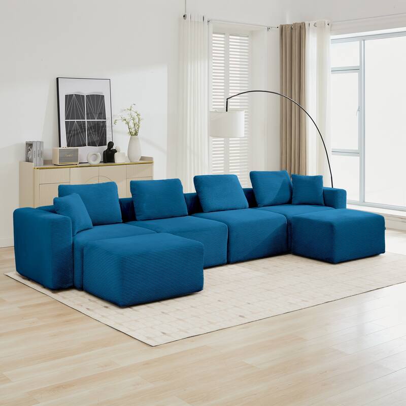 U-shaped Corduroy Sectional Sofa with 2 Large Ottomans, Square Arms & Ottoman Extension - Opal Blue