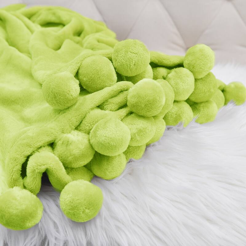 Pompom Flannel Fleece Throw