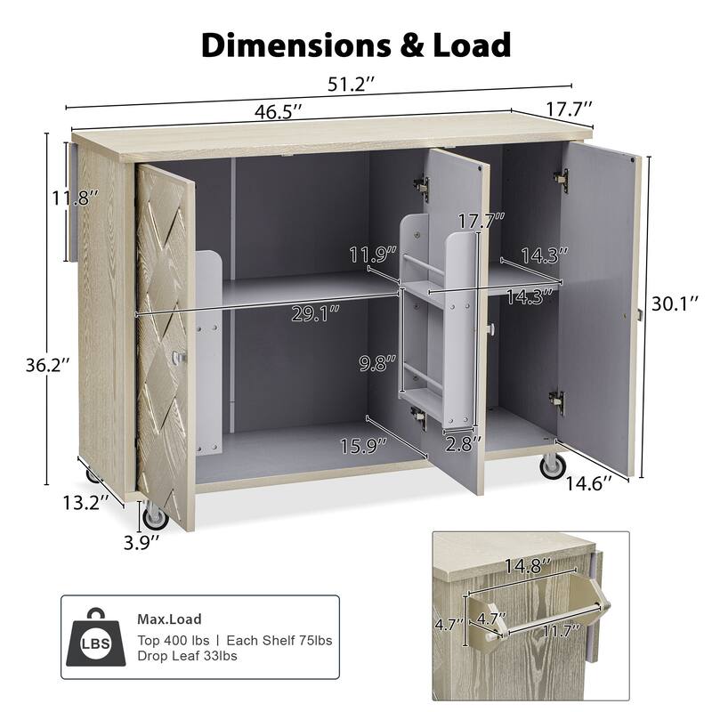 Kitchen Island with Drop Leaf, Coastal Kitchen Island on Wheels with Internal Storage Rack, Rolling Kitchen Cart
