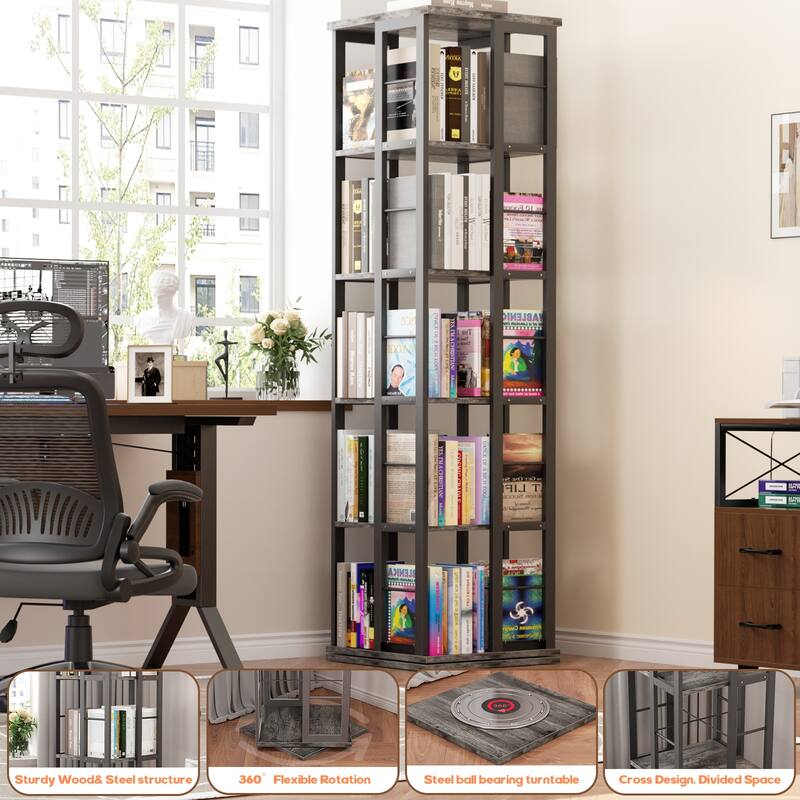 5-Tier Corner Rotating Bookshelf, 360 Display Wood Spinning Bookshelf, Floor Standing Bookcase Organizer Storage Rack