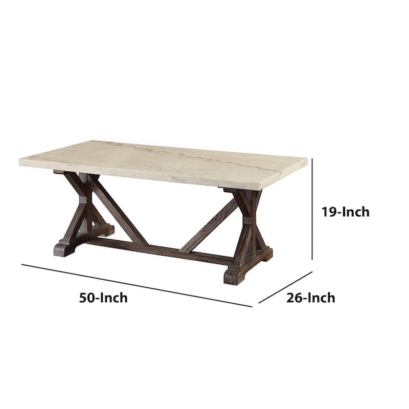 Marble Rectangle Shaped Coffee Table with Wooden Trestle Base, White and Espresso Brown