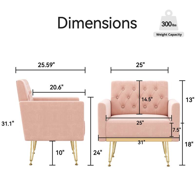 Comfy Velvet Accent Chair, Oversized Tufted Upholstered Reading Chairs, Single Sofa Chair with Metal Legs for Living Room
