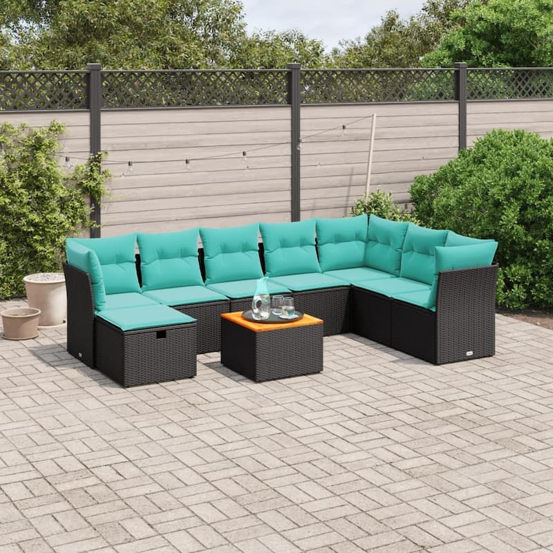 vidaXL Patio Sofa Set with Cushions Outdoor Furniture 9 Piece Poly Rattan - 24.4" x 24.4" x 27.2" - Black