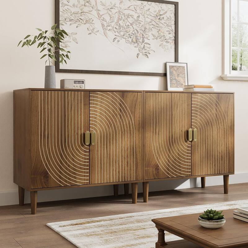 Accent Cabinet with Line Groove Design, Sideboard Buffet Cabinet with Adjustable Shelves, Decorative Storage Cabinets - Brown 2PCS