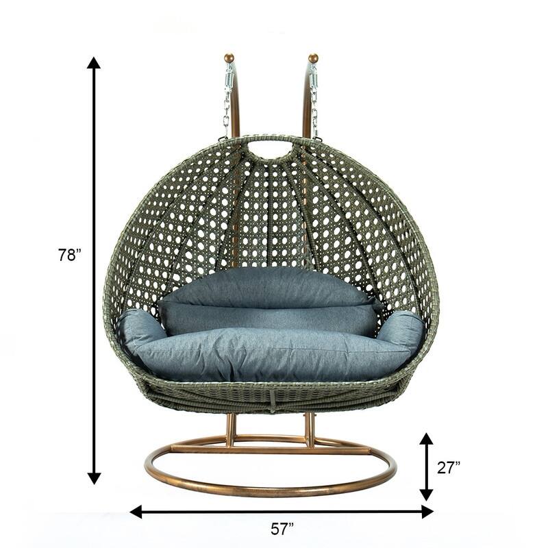 LeisureMod 2-Person Hanging Egg Swing Chair with Metal Stand - Handcrafted Charcoal Wicker, Patio Hammock Lounger with Cushions